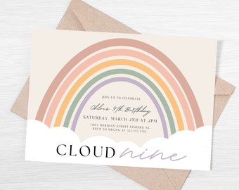 Cloud 9 Birthday Invitation, Cloud Nine Birthday Invite, Rainbow Clouds, Ninth Birthday Invite, Editable Template, Instant Download