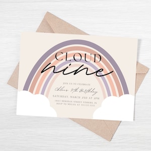 Cloud 9 Birthday Invitation, Cloud Nine Birthday Invite, Rainbow Clouds, Ninth Birthday Invite, Editable Template, Instant Download