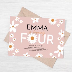 Daisy Birthday Invitation, Daisy Fourth Birthday Invite, Spring 4th Birthday Invite, Flower Birthday, Editable Template, Instant Download