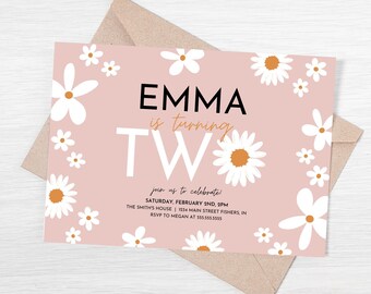 May include: Pink invitation card with white daisies and the text "EMMA is turning TWO" in black and orange. The invitation includes details for a birthday party, including the date, time, location, and RSVP information.