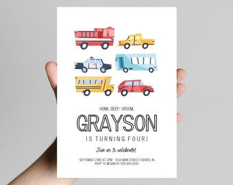 Cars and Trucks Birthday Invitation, Transportation Birthday Invite, Truck and Cars Birthday, Editable Template, Instant Download