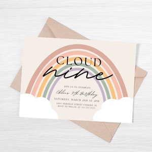 Cloud 9 Birthday Invitation, Cloud Nine Birthday Invite, Rainbow Clouds, Ninth Birthday Invite, Editable Template, Instant Download