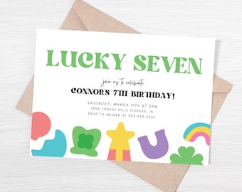 Glück Sieben Geburtstagseinladung, Glücksbringer Einladung, St. Patricks Day Geburtstag, Glück 7 Geburtstag einladen, bearbeitbare Vorlage, Sofortiger Download