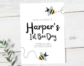Invitación a la fiesta de cumpleaños de la abeja, invitación al primer día de la abeja, primera fiesta de cumpleaños, plantilla editable, descarga instantánea