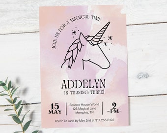 Unicorn Birthday Party Invitation, Magical Birthday Invite, Girl Birthday Party, Unicorn First Birthday, Instant Download