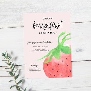 Berry First Birthday Party Invitation, Printable Strawberry Birthday Party Invite, Sweet Celebration Birthday, Editable Instant Download