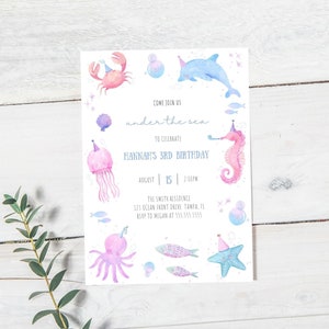 Under The Sea Birthday Party Invitation, Mermaid Birthday Invite, Watercolor Sea Animal, Girl Birthday, Editable Template,  Instant Download
