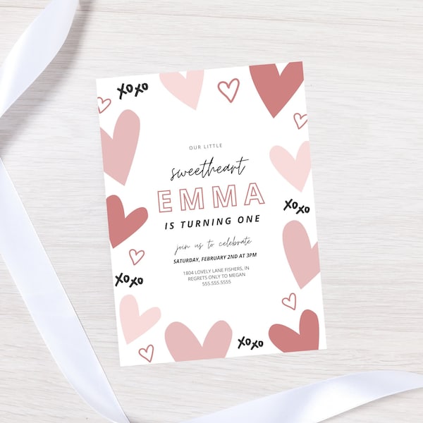 Little Sweetheart Birthday Party Invitation, Valentine Birthday Invite, Heart Birthday Invitation, Love, Editable Template, Instant Download