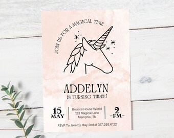 Unicorn Birthday Party Invitation, Magical Party Invite, Girl Pink Pastel Birthday Party, Unicorn First Birthday Invitation
