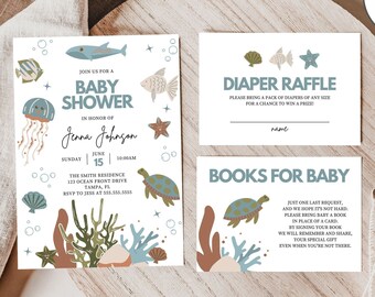 Under The Sea Baby Shower Invitation, Instant Download, Ocean Theme Baby Boy Invite, Editable Text, Printable Sea Creature Invitation Set