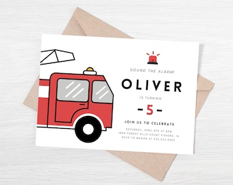 May include: Red and white fire truck birthday party invitation with the text "SOUND THE ALARM! OLIVER IS TURNING -5- JOIN US TO CELEBRATE SATURDAY, APRIL 8TH AT 2PM 1804 FOREST HILLS COURT FISHERS, IN RSVP TO MEGAN AT 555-555-5555"