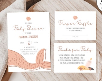 Inbjudan till sjöjungfrubabyshower, direktnedladdning, babyshower under havet, redigerbar text, utskrivbar sjöjungfruinbjudningsset