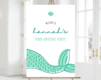Mermaid Birthday Party Welcome Sign, Under The Sea Birthday Party Decorations, Girl Birthday Party, Instant Download