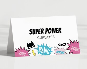Girl Superhero Birthday Food Tent, Superhero Birthday Decorations, Modern Pink Superhero Decor, Editable Template, Instant Download