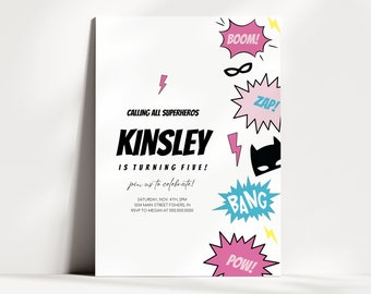 Girl Superhero Birthday Invitation, Superhero Birthday Invite, Modern Pink Superhero Party Invite, Editable Invitation, Instant Download