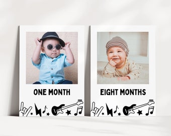 Rock and Roll Photo Banner, Rock N Roll Month To Month Banner, Rocker Birthday Decorations, Music Birthday, Rolling Stones, Instant Download