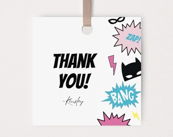 Girl Superhero Birthday Thank You Tag, Superhero Birthday Favor Tag, Modern Pink Superhero Decor, Editable Template, Instant Download