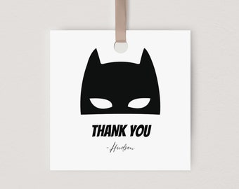 May include: Black and white thank you tag with a Batman mask graphic and the text "THANK YOU - Hudson".