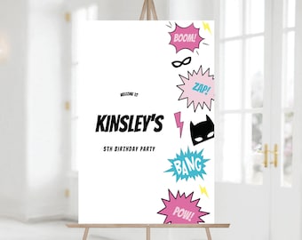 Girl Superhero Birthday Welcome Sign, Superhero Birthday Decorations, Modern Pink Superhero Decor, Editable Template, Instant Download