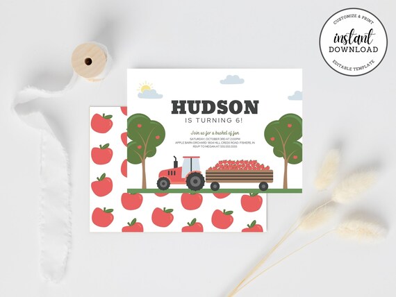 Apple Orchard Birthday Party Invitation, Apple Birthday Party Invite, Fall Birthday, Bushel of Fun, Editable Invitation, Instant Download