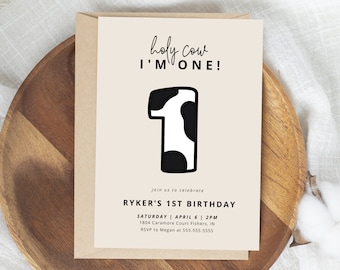 Holy Cow Birthday Invitation, Cow First Birthday Invitation, Holy Cow I'm One Invite, Farm 1st Birthday, Editable Template, Instant Download