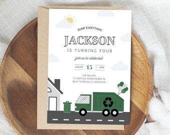 Garbage Truck Birthday Party Invitation, Dump Everything Birthday Party, Modern Garbage Truck Invite, Editable Invitation, Instant Download