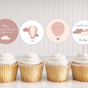 Editable Pink Hot Air Balloon Baby Shower Cupcake Toppers, Baby Shower Decorations, Editable Cupcake Toppers, Instant Download