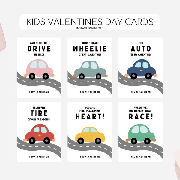 Kids Car Valentines Day Cards, Printable Valentines Day Tags, Boy Cars Vday Card, Vehicle Valentine Tag, Editable Instant Download