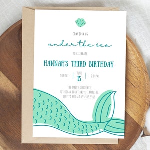 Mermaid Birthday Party Invitation, Under The Sea Birthday Party Invite, Girl Birthday Party, Instant Download