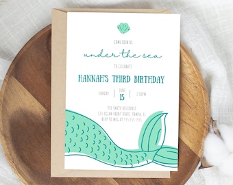 May include: A white invitation with a teal blue border and a mermaid tail graphic. The invitation reads "Come join us under the sea to celebrate Hannah's Third Birthday. Sunday, June 15, 2:00PM. The Smith Residence, 123 Ocean Front Drive, Tampa, IL. RSVP to Meg at 555.555.5555."