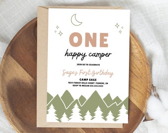 One Happy Camper Birthday Invitation, Camping First Birthday Party Invite, Modern Girl Camp Party, Editable Template, Instant Download