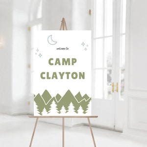 Ein glücklicher Camper Willkommensschild, Camping Erster Geburtstag Party Dekorationen, Moderne Junge Camp Party Dekor, Bearbeitbare Vorlage, Sofort Download