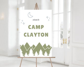 One Happy Camper Welcome Sign, Camping First Birthday Party Decorations, Modern Boy Camp Party Decor, Editable Template, Instant Download