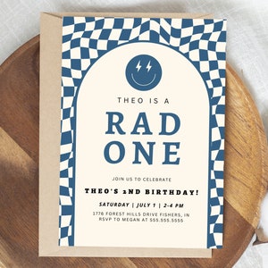 One Rad Dude Birthday Invitation, Boy First Birthday Party, Modern Cool Smiley Checkered Invitation, Editable Template, Instant Download