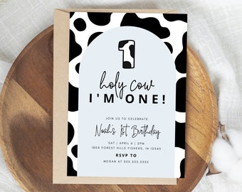 Holy Cow Birthday Invitation, Cow First Birthday Invitation, Holy Cow I'm One Invite, Farm 1st Birthday, Editable Template, Instant Download