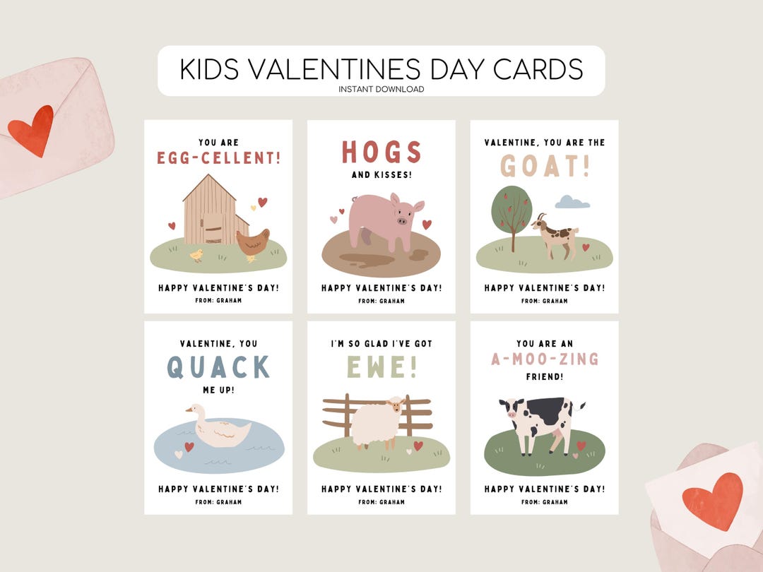 Kids Farm Animal Valentines Day Cards, Printable Valentines Day Tags ...