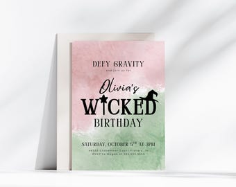 Invitación de cumpleaños de Wicked, invitación de fiesta de Wicked, invitación de Wicked rosa y verde, invitación de película de Wicked, plantilla editable, descarga instantánea