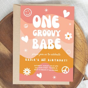 One Groovy Babe Birthday Party Invitation, Groovy One, First Birthday Party Invite, Editable Invitation Template, Instant Download