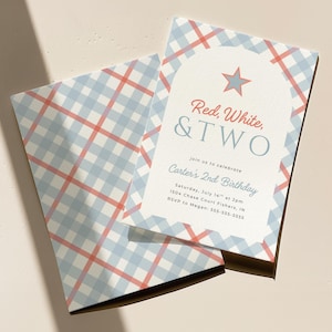 May include: A birthday invitation with a red, white, and blue theme. The invitation reads "Red, White, & TWO" with a star graphic. The invitation and envelope have a blue and red plaid pattern.