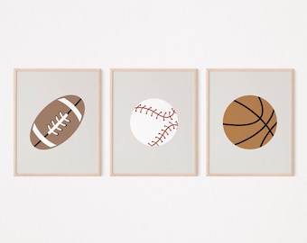 Sport Gallery Wall Set of 3 Prints, Baseball Basketball Football Wall Art, Monochrome Boy Nursery Decor, Kids Room, Sport Printable
