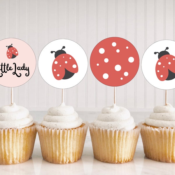 Ladybug Cupcake Toppers Lady Bug Decorations, Little Lady Birthday Decor, Girl Birthday Party, Editable Template, Instant Download