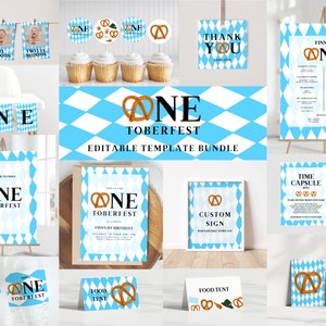 Onetoberfest Birthday Bundle, Oktoberfest 1st Birthday, Modern German Biergarten Pretzel Party Package, Editable Templates, Instant Download