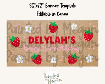 Berry First Birthday Banner Template, Strawberry Birthday Banner Template, Canva Banner Template, Painted Sign, Editable Digital Download