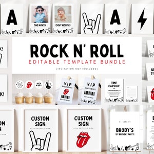 Lot anniversaire rock and roll, pack fête rock n roll, décorations d'anniversaire rock, Rolling Stones, modèles modifiables, téléchargement immédiat