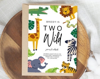 Two Wild Birthday Party Invitation, Safari Two Wild Animal Birthday Invite, Second Birthday Party, Instant Download