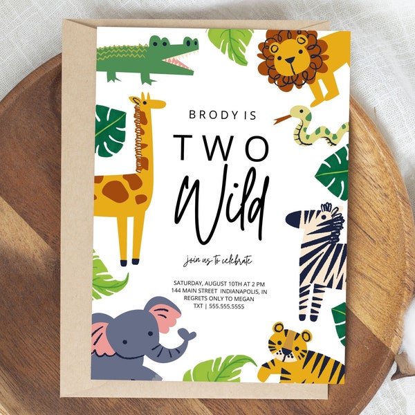 Two Wild Birthday Party Invitation, Safari Two Wild Animal Birthday Invite, Second Birthday Party, Instant Download