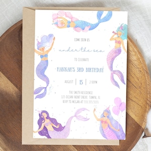 Mermaid Birthday Party Invitation, Watercolor Mermaid Invite, Under The Sea Birthday, Girl Birthday, Editable Template,  Instant Download