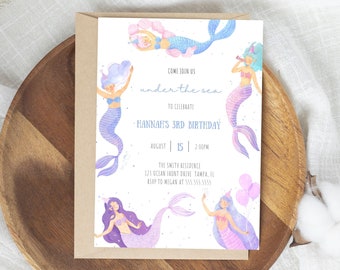 Mermaid Birthday Party Invitation, Watercolor Mermaid Invite, Under The Sea Birthday, Girl Birthday, Editable Template,  Instant Download