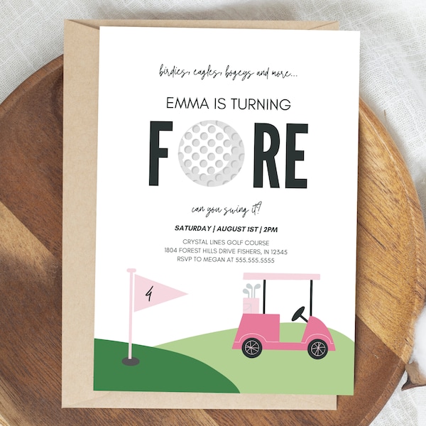 Girl Golf Fore Birthday Invitation, Girl Golf 4th Birthday Invite, Pink Golf Girls Birthday Party, Editable Template, Instant Download