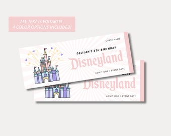Vintage Disney Birthday Tickets, Vintage Theme Park Birthday Admit One, Magic Castle Birthday Ticket, Editable Template, Instant Download